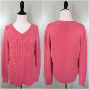 TALBOTS Pink V-Neck Wool Blend Cable Knit Sweater